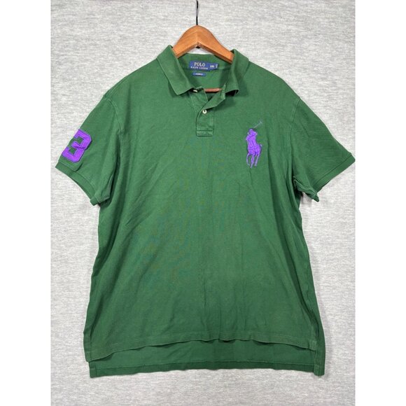 Polo Ralph Lauren Green Custom Fit Polo Shirt XXL Big‎ Pony Purple Logo - Picture 1 of 7